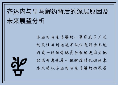 齐达内与皇马解约背后的深层原因及未来展望分析 齐达内与皇马解约背后的深层原因及未来展望分析